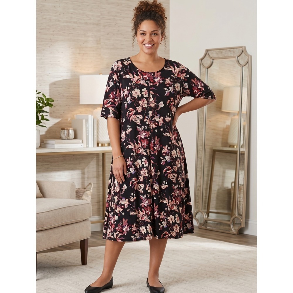 Catherines Floral Swing Dress Womens Sz 3X Midi 3/4 Sleeve Stretch Romantic Plus
